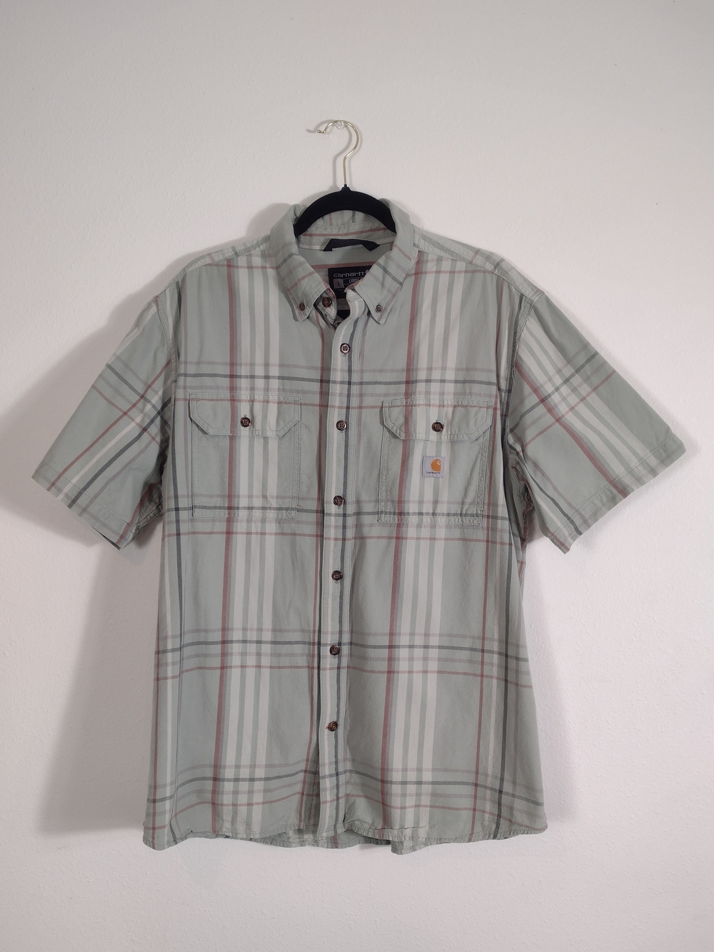 Carhartt Green Plaid Cotton Loose Fit Button Up Work Shirt Size L